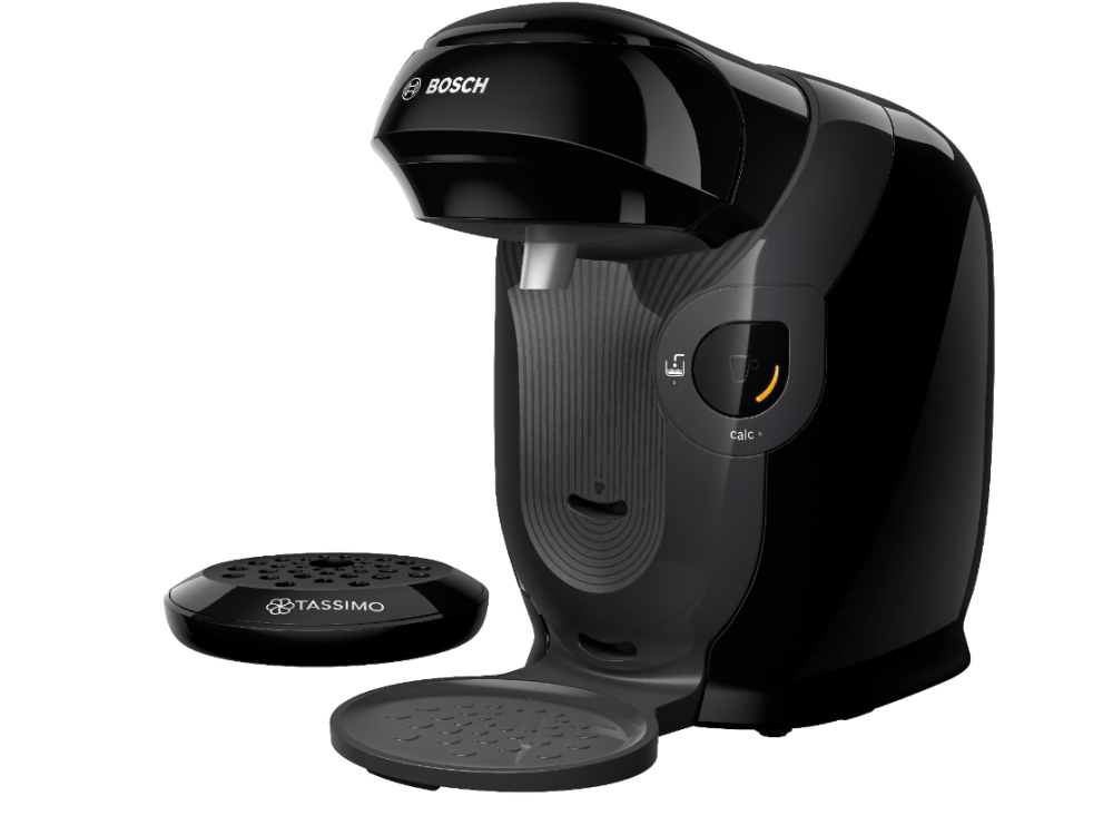 Una cafetera Tassimo Bosch negra con un disco y una bandeja de goteo.