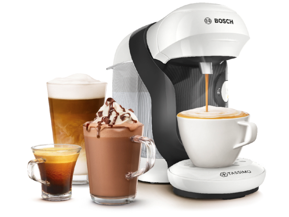 Cafetera Bosch Tassimo con café, latte, espresso y bebidas de chocolate.