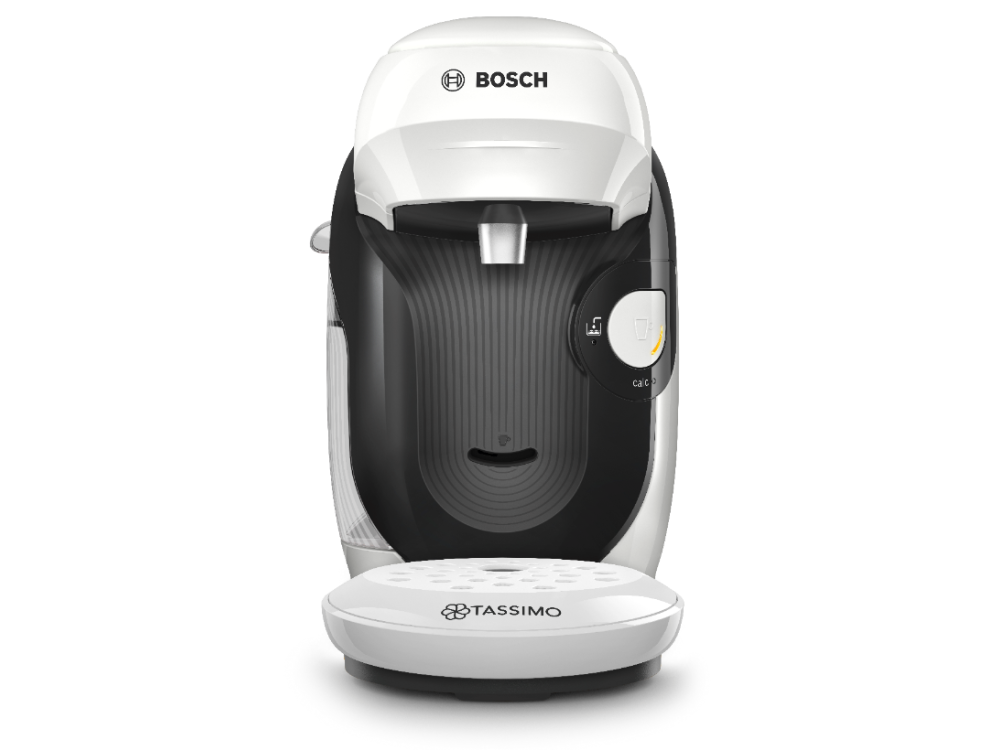 Cafetera Bosch Tassimo, diseño blanco y negro, con un soporte para cápsulas Tassimo.