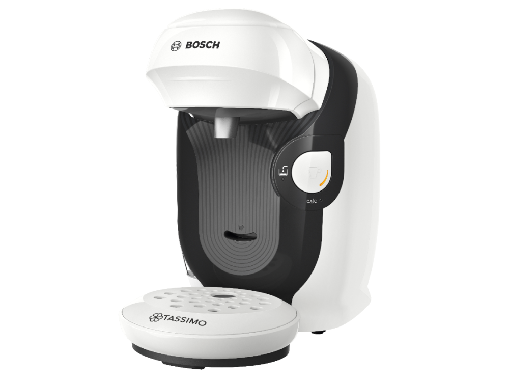 Cafetera Bosch Tassimo, blanca y negra, con soporte para cápsulas.