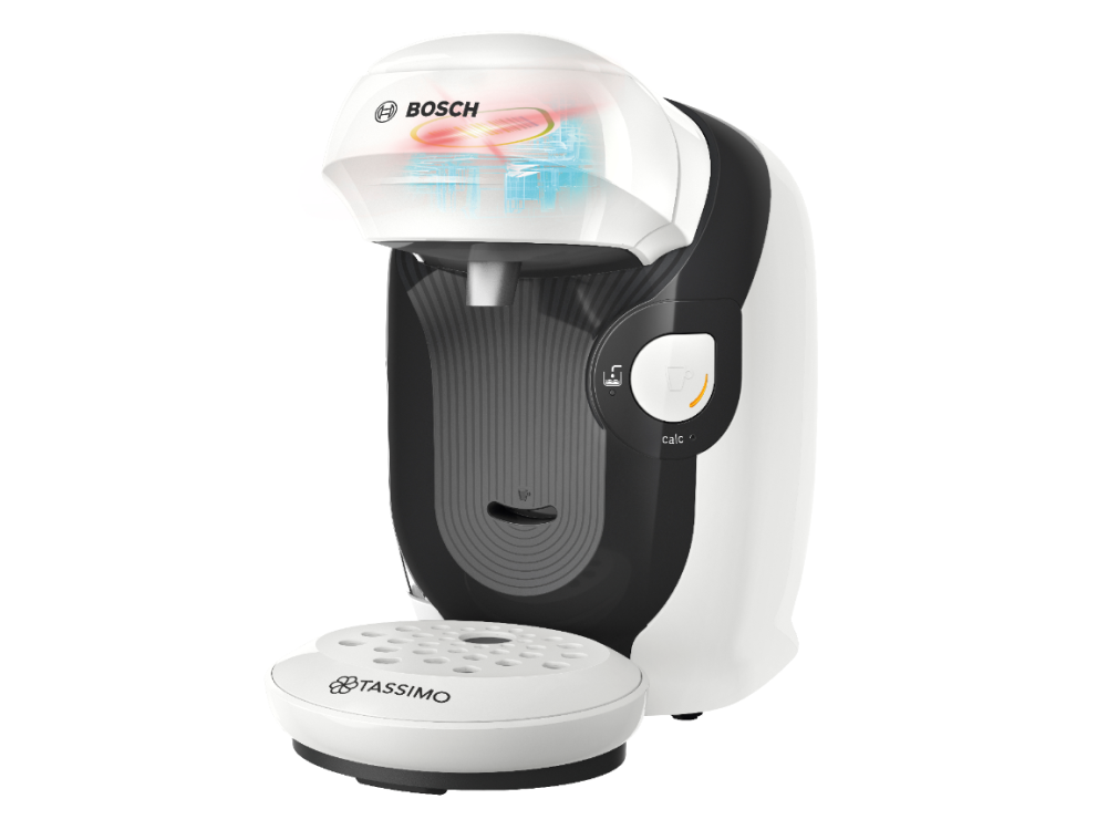 Cafetera Bosch Tassimo blanca y negra. Base blanca y frontal negro.