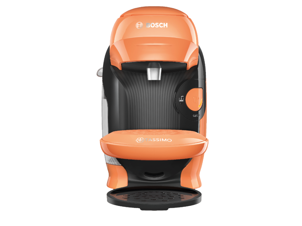 Cafetera Bosch naranja y negra, con diseño curvo, aislada sobre fondo negro.