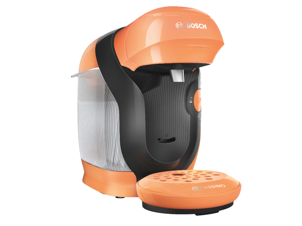 Cafetera naranja y negra. La máquina tiene un diseño redondeado y se asienta sobre una base naranja.