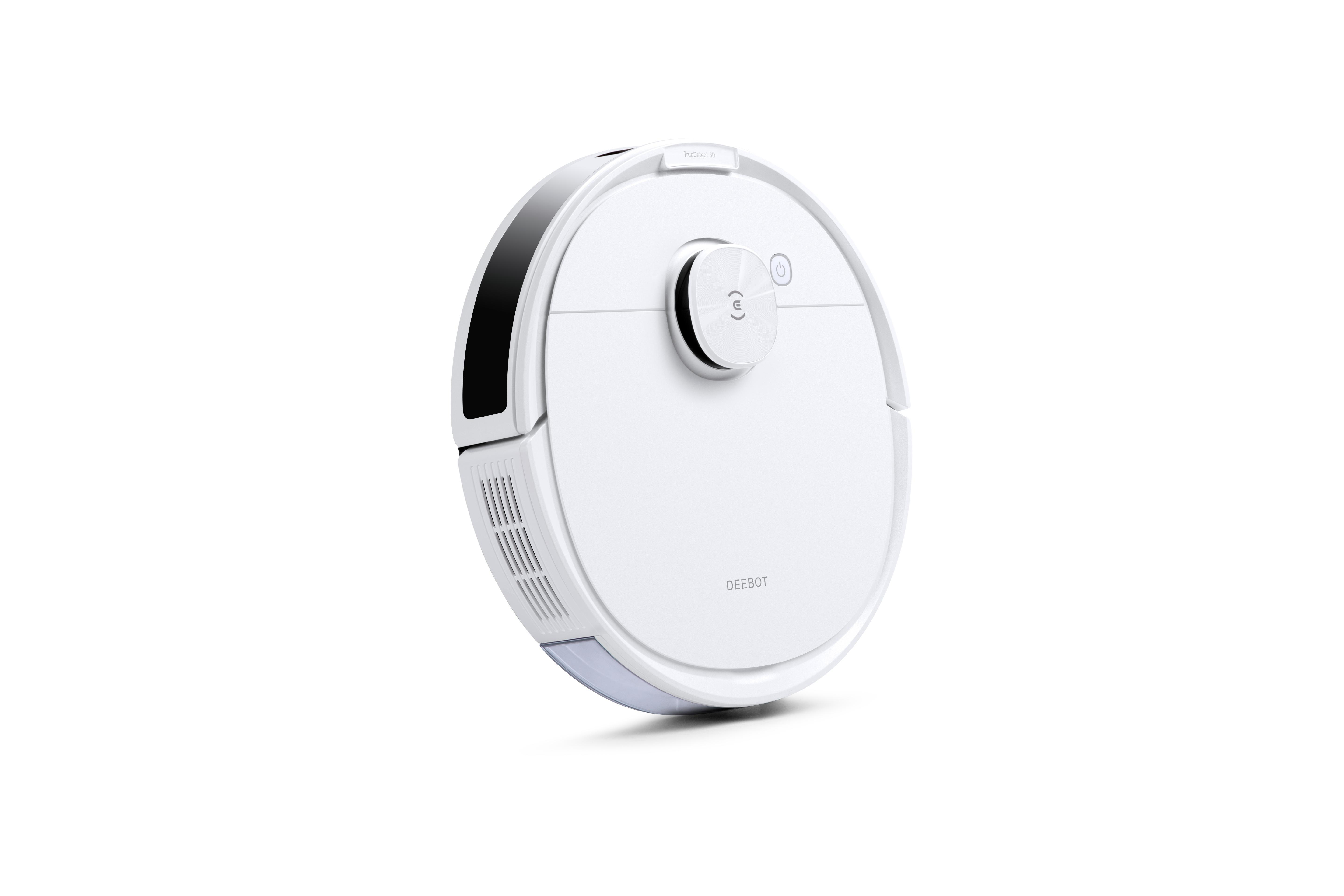 Ein weißer DEEBOT Roboter-Staubsauger. Er hat eine runde Form mit einem Ein-/Ausschalter oben.