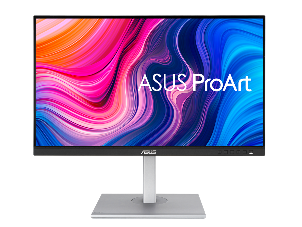Un monitor de computadora ASUS ProArt que se muestra en un soporte blanco. La pantalla es colorida.