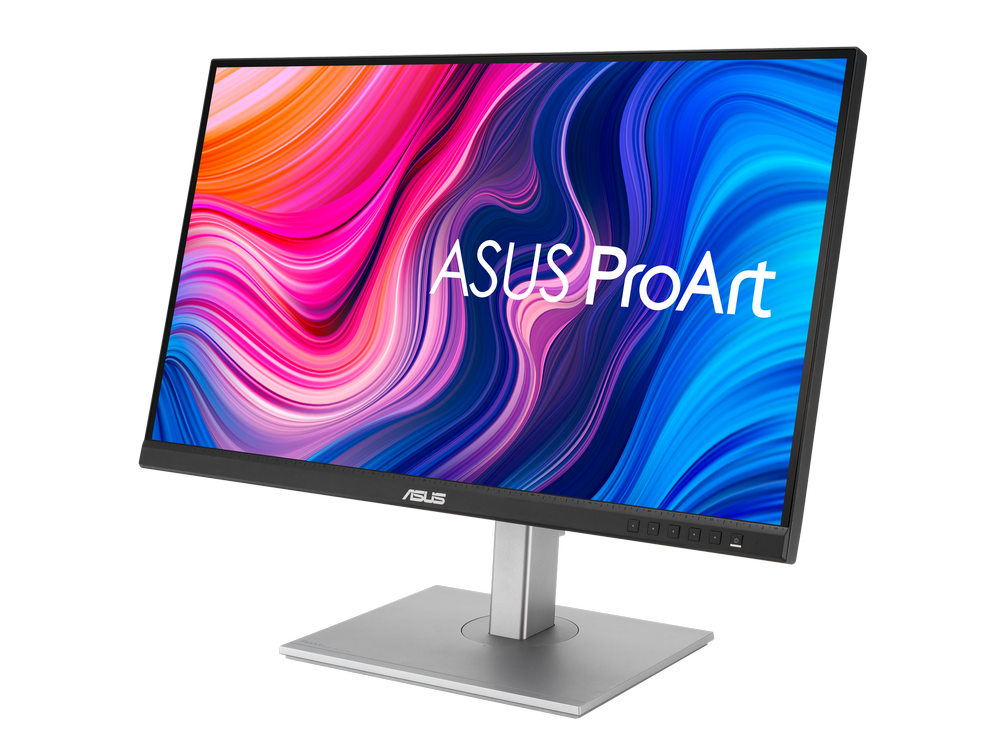 Monitor ASUS ProArt. La pantalla muestra un diseño abstracto colorido. Soporte plateado.