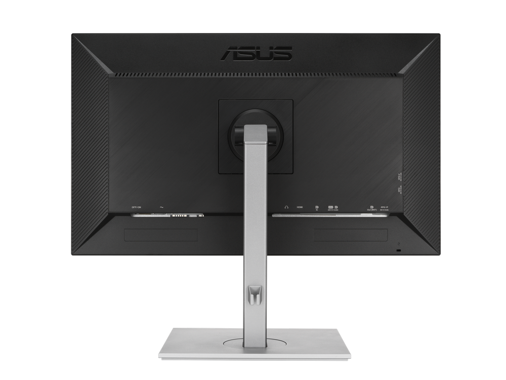 La parte trasera de un monitor ASUS con varios puertos y un soporte.