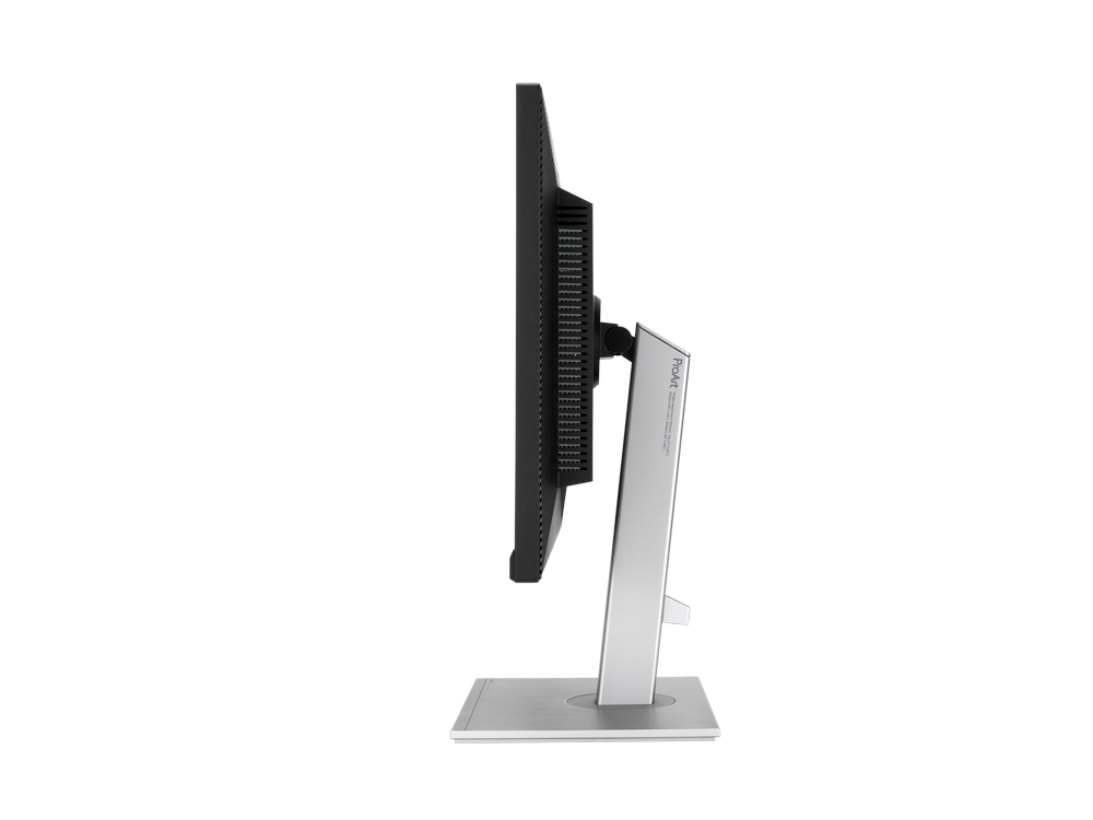 Un monitor de ordenador visto desde un lado. Tiene un soporte plateado y una pantalla negra.