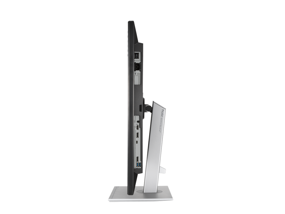 Un monitor con muchos puertos y un soporte.