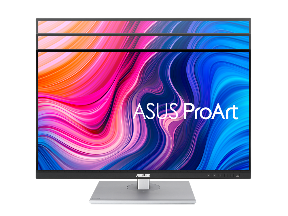 Monitor ASUS ProArt con pantalla abstracta colorida y soporte plateado.