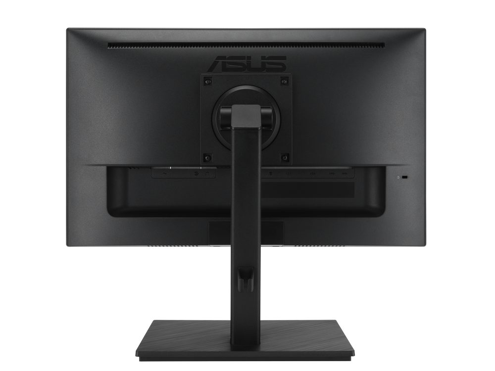 Vista trasera de un monitor ASUS, negro, con soporte, entradas y el logotipo de ASUS.