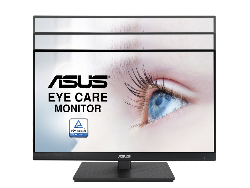 Un monitor ASUS Eye Care con un primer plano de un ojo en la pantalla, marco negro y soporte negro.