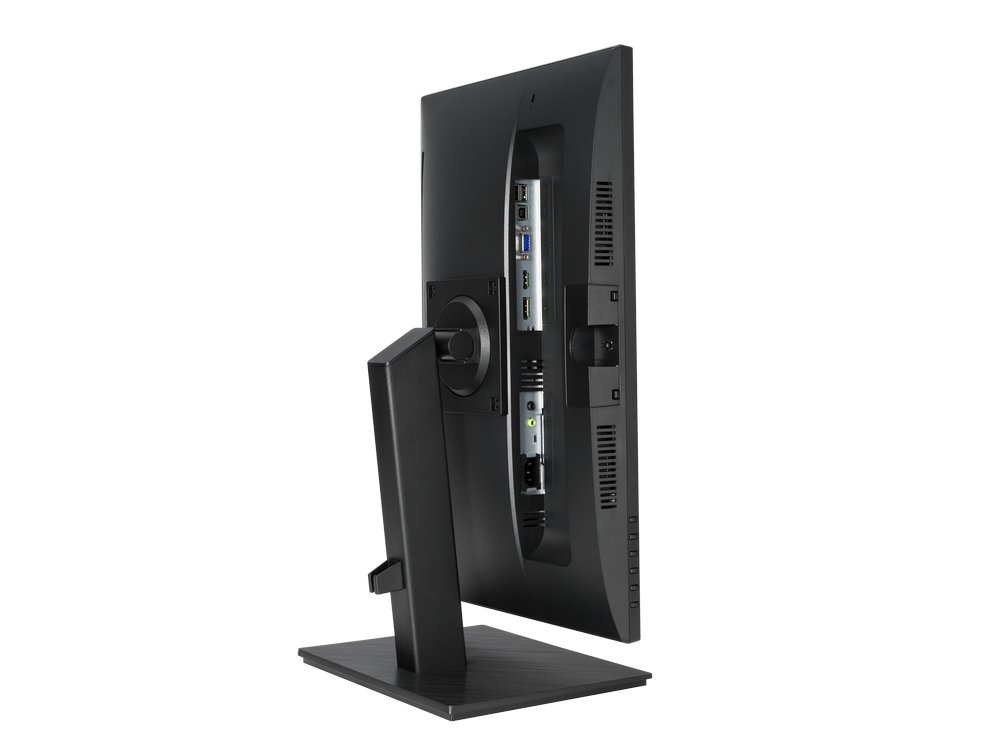 La parte trasera de un monitor de computadora negro que muestra puertos, un soporte y las conexiones.