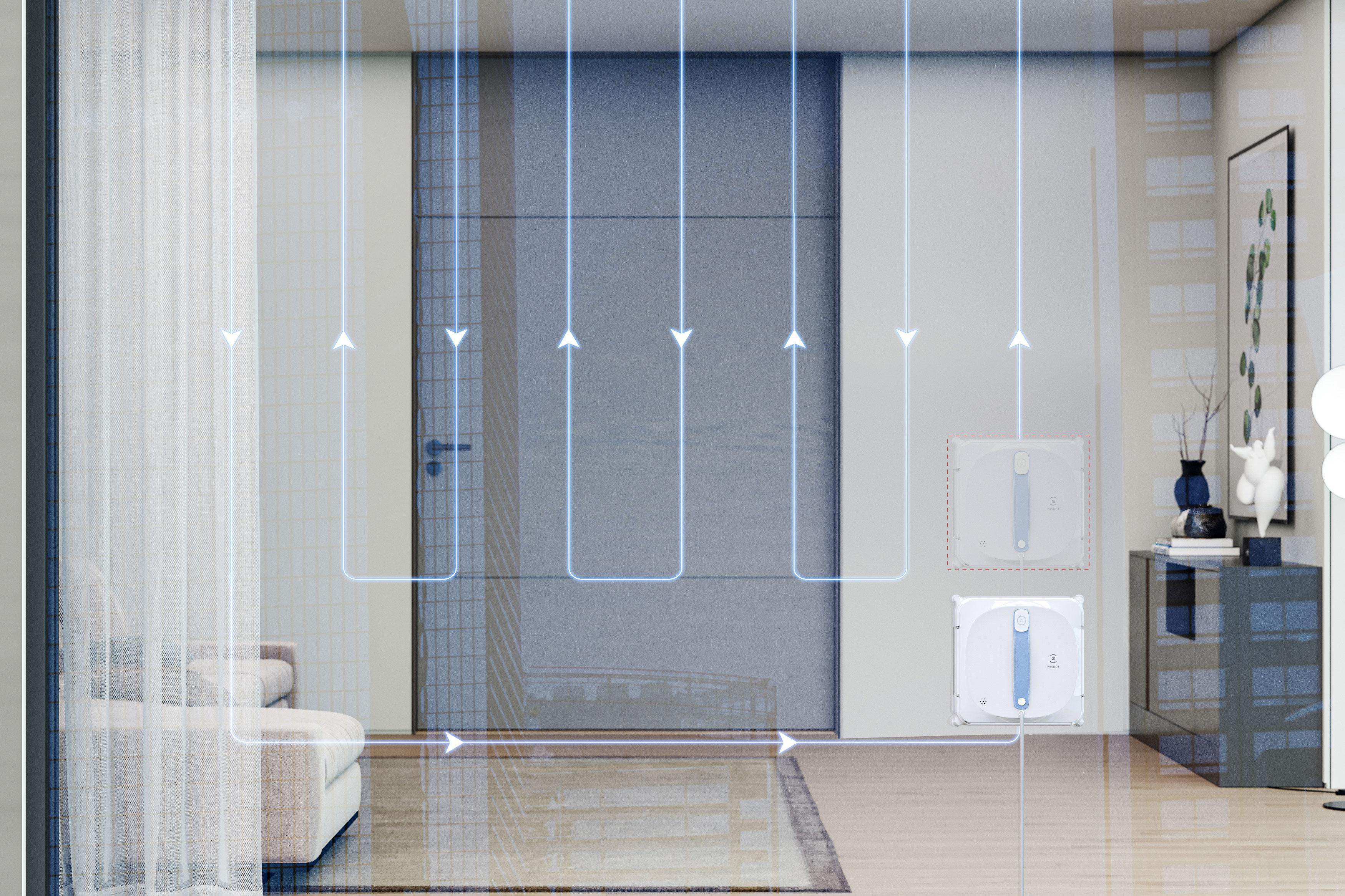 Raum mit Sofa, der den Reinigungspfad eines Reinigungsroboters auf dem Glas zeigt. Weißer Hintergrund.