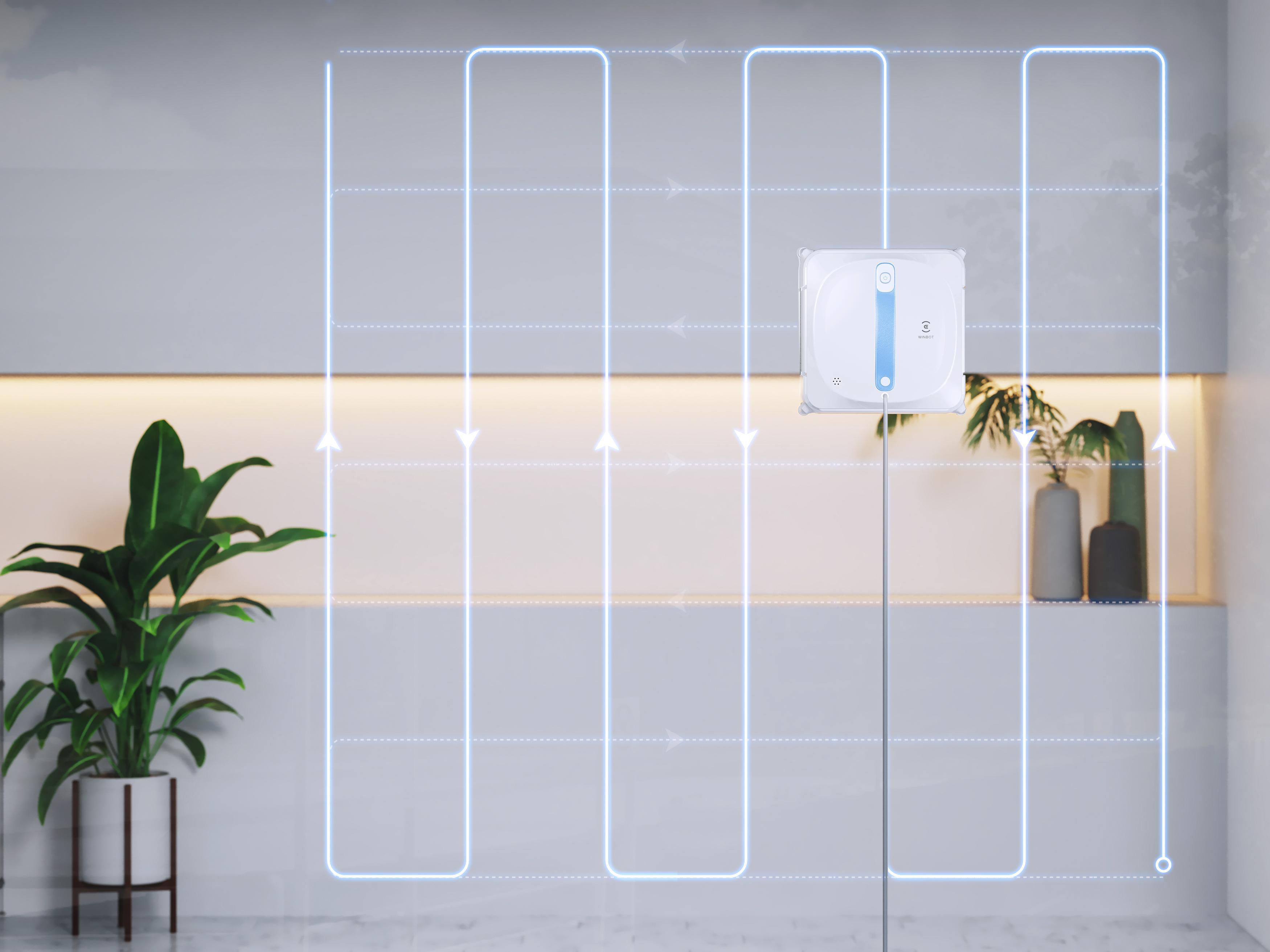 Ein Roboter-Fensterputzer reinigt ein Fenster. Blaue Linien zeigen den Reinigungspfad. Pflanzen sind da.