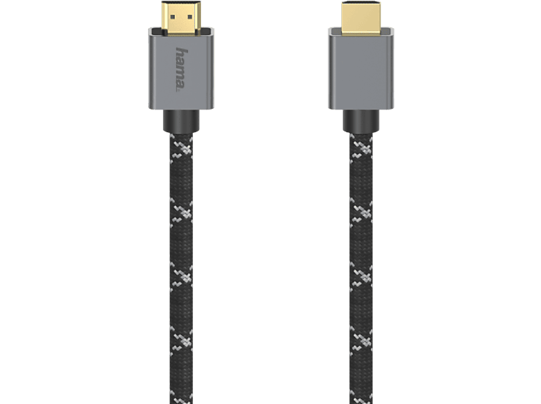 Cable HDMI - Hama 00200504, 2 m, 48 Gbit/s, Trenzado, Transmisión UHD 8K, Enchufes chapados en oro, Gris