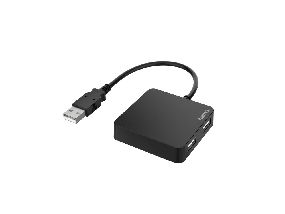 Concentrador USB negro con dos puertos y un cable USB.