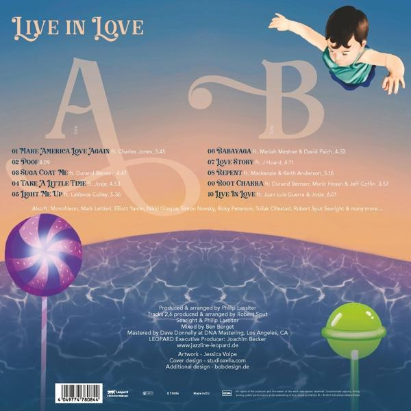 Albumcover mit bunten Lollis und Text, einem Cartoon-Kind und einer Liste von Songtiteln.