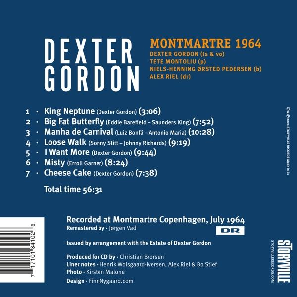 Pochette de l'album Montmartre 1964 de Dexter Gordon avec liste des titres, texte et crédits.