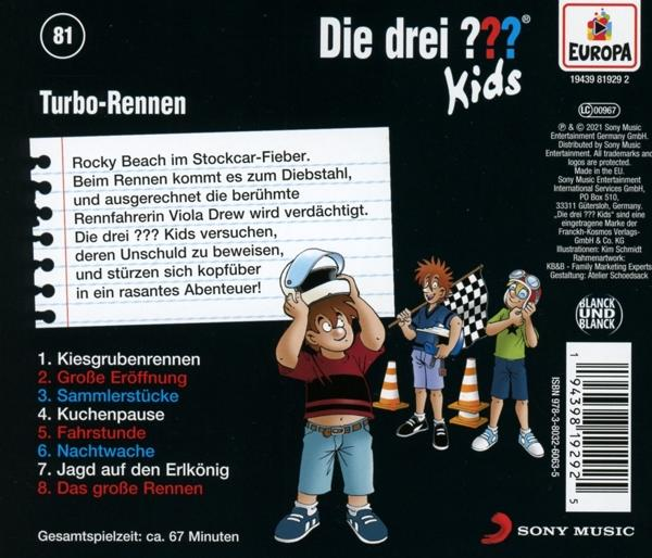 Rückseite einer CD-Hülle. Der Titel lautet 'Die drei ??? Kids'. Cartoon von drei Jungen mit Rennthemen.