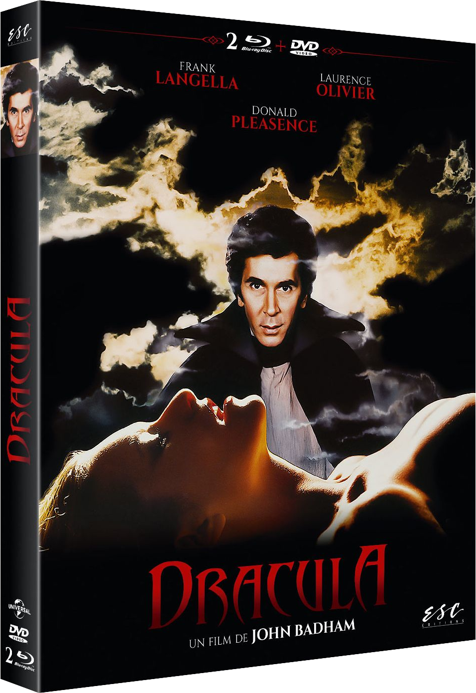 Boîtier Blu-ray de Dracula. La couverture montre Frank Langella, une femme et une illustration de nuages avec le titre Dracula.