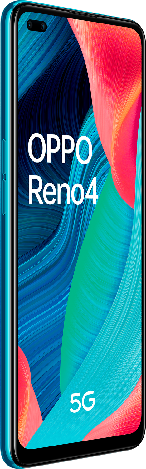 Teléfono inteligente OPPO Reno4 5G turquesa con un fondo abstracto colorido.