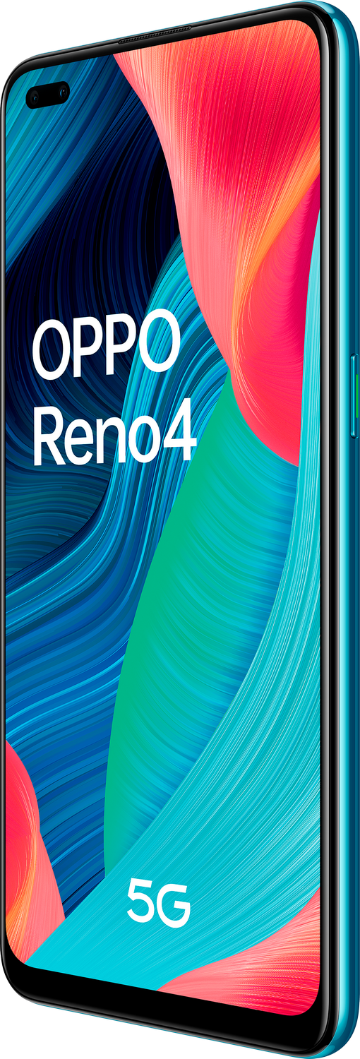 Smartphone OPPO Reno4 5G con pantalla vibrante y colorida y marco azul.