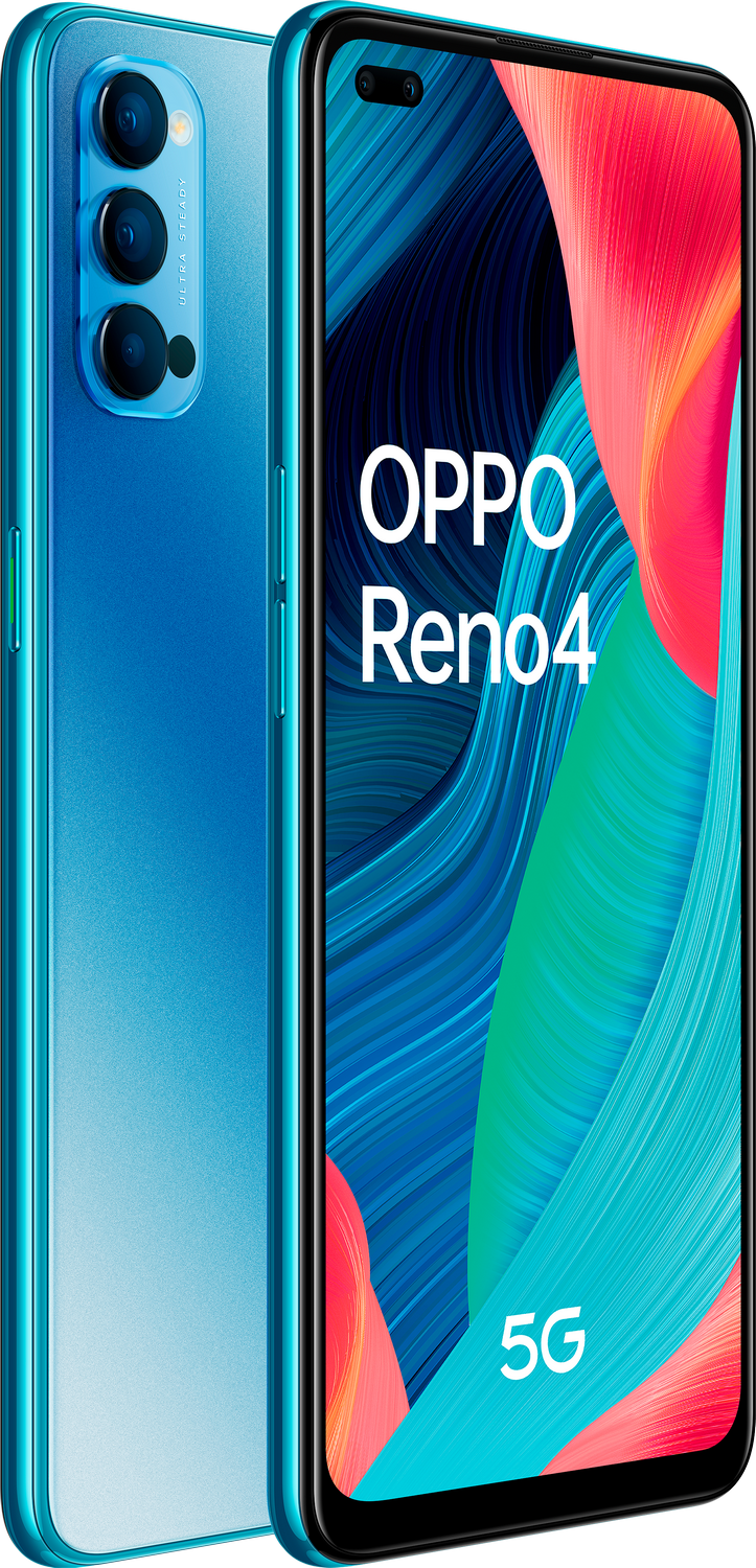Un smartphone OPPO Reno4 5G azul. El teléfono tiene una configuración de cámara múltiple y se muestra el texto 'OPPO Reno4'.