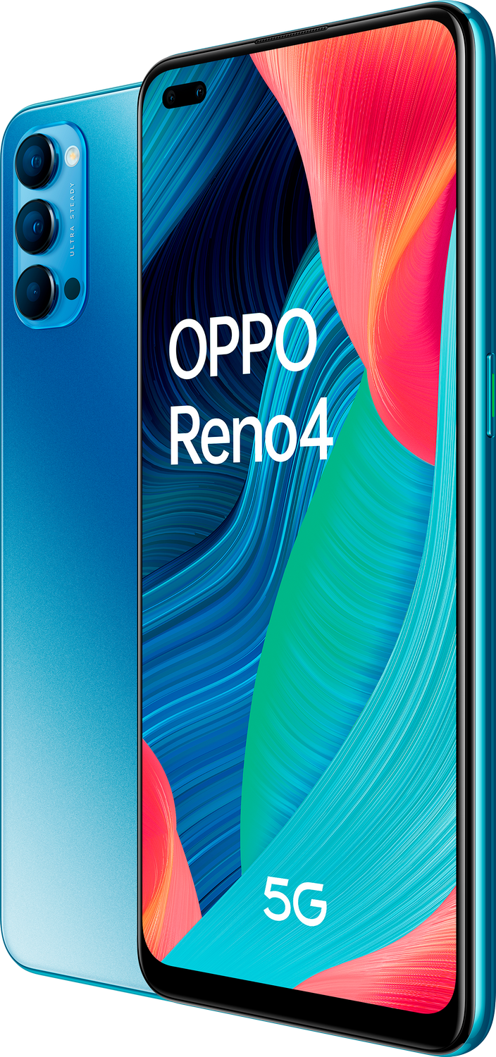 Teléfono Oppo Reno4 5G azul, con parte trasera azul y frontal con diseño colorido.