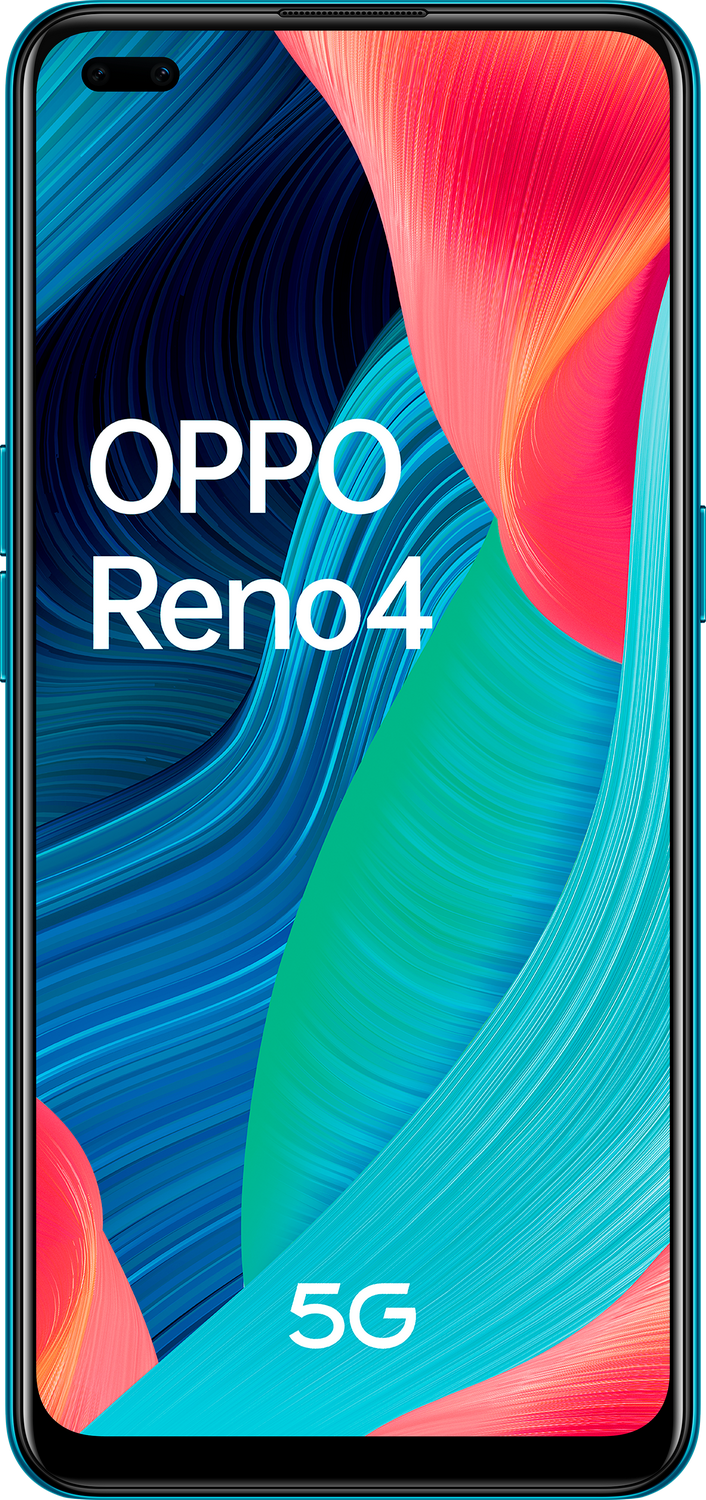 Smartphone OPPO Reno4 5G, con fondo abstracto colorido y marco azul.