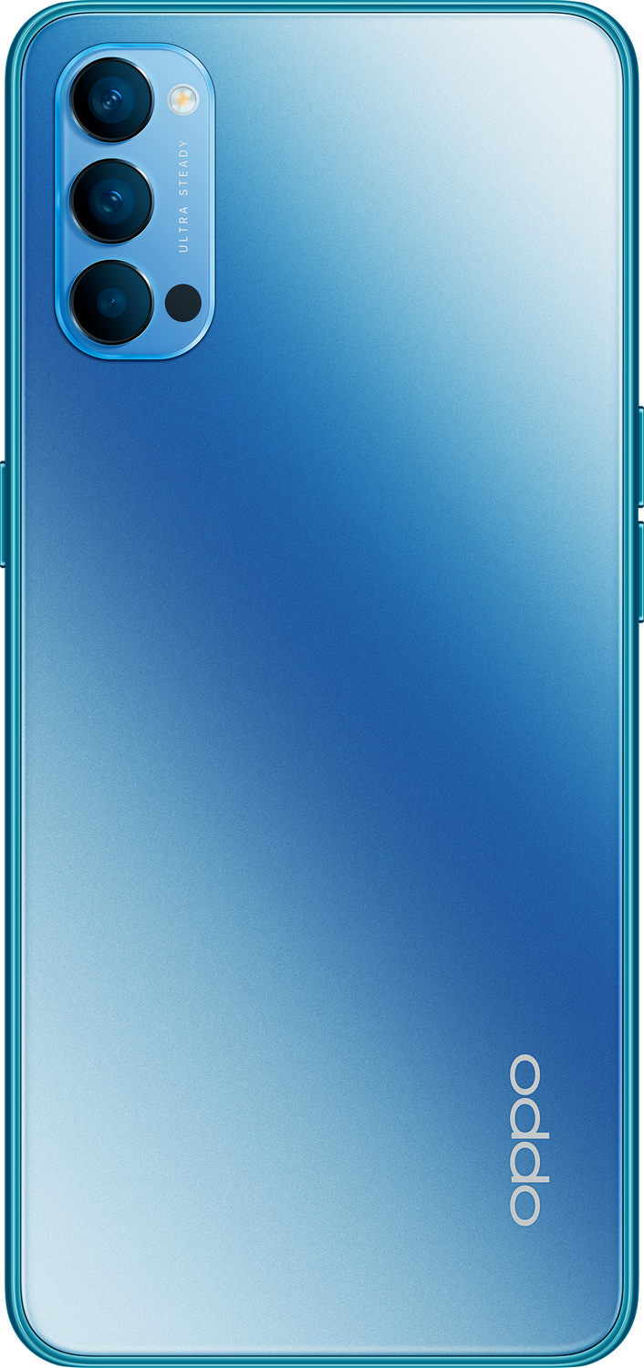 Parte trasera de un teléfono Oppo azul con triple cámara.