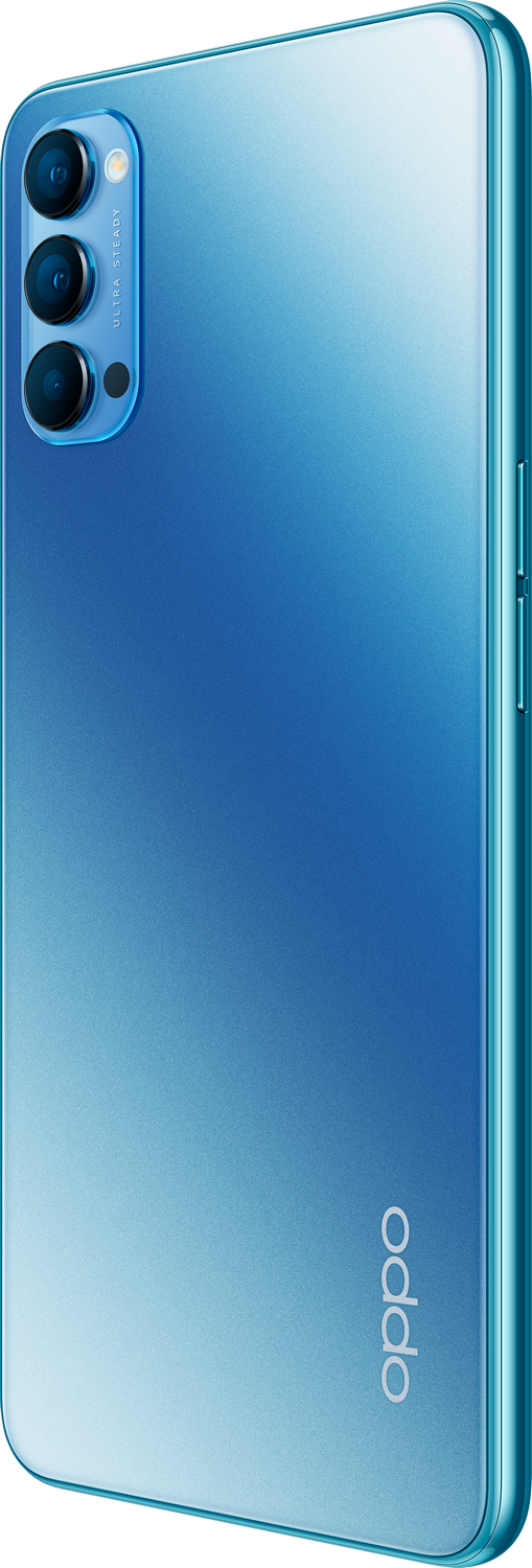 Teléfono Oppo degradado azul, tres cámaras y un botón lateral. La palabra 'oppo'.