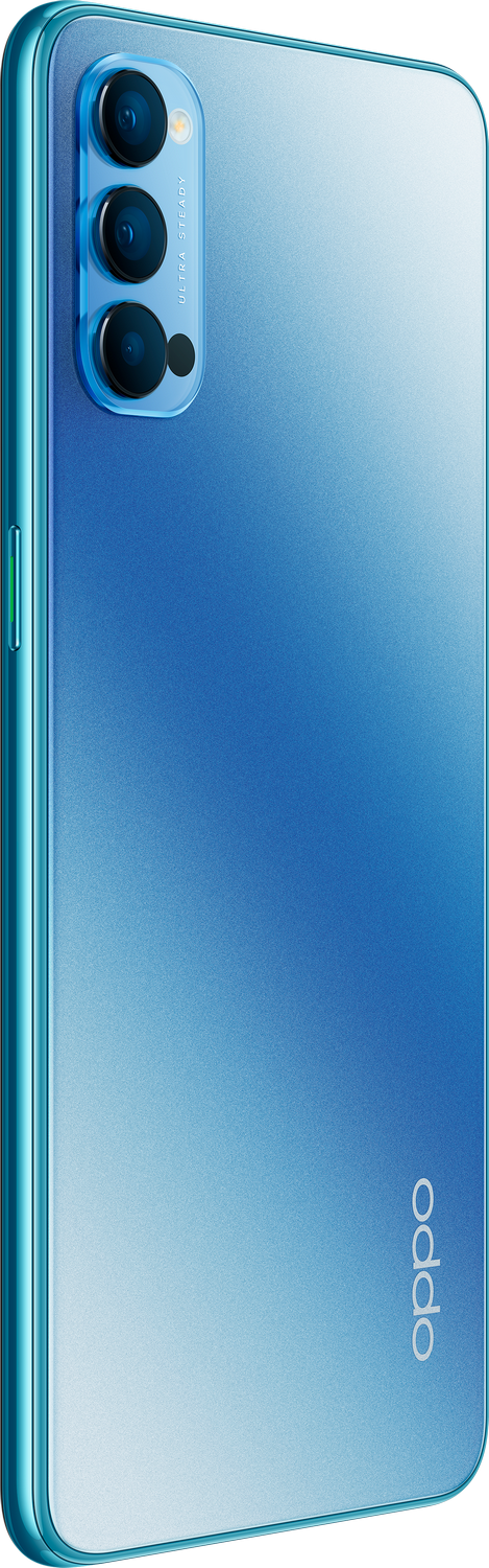 Smartphone azul con múltiples cámaras en la parte trasera, fondo blanco.
