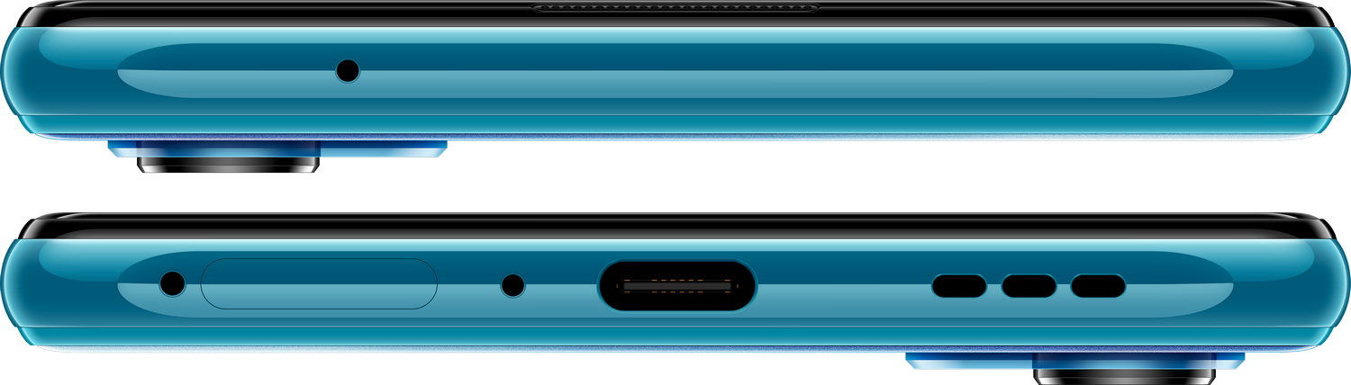 Dos lados de un teléfono turquesa, mostrando puertos y detalles de la cámara, fondo blanco.