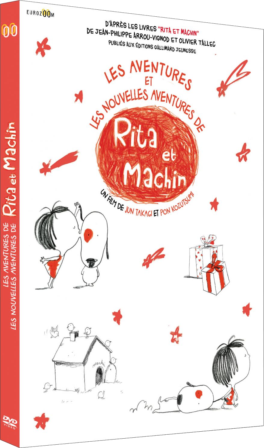 Une jaquette de DVD avec des dessins animés d'enfants et d'un chien. Il a des couleurs rouge et blanc et du texte.