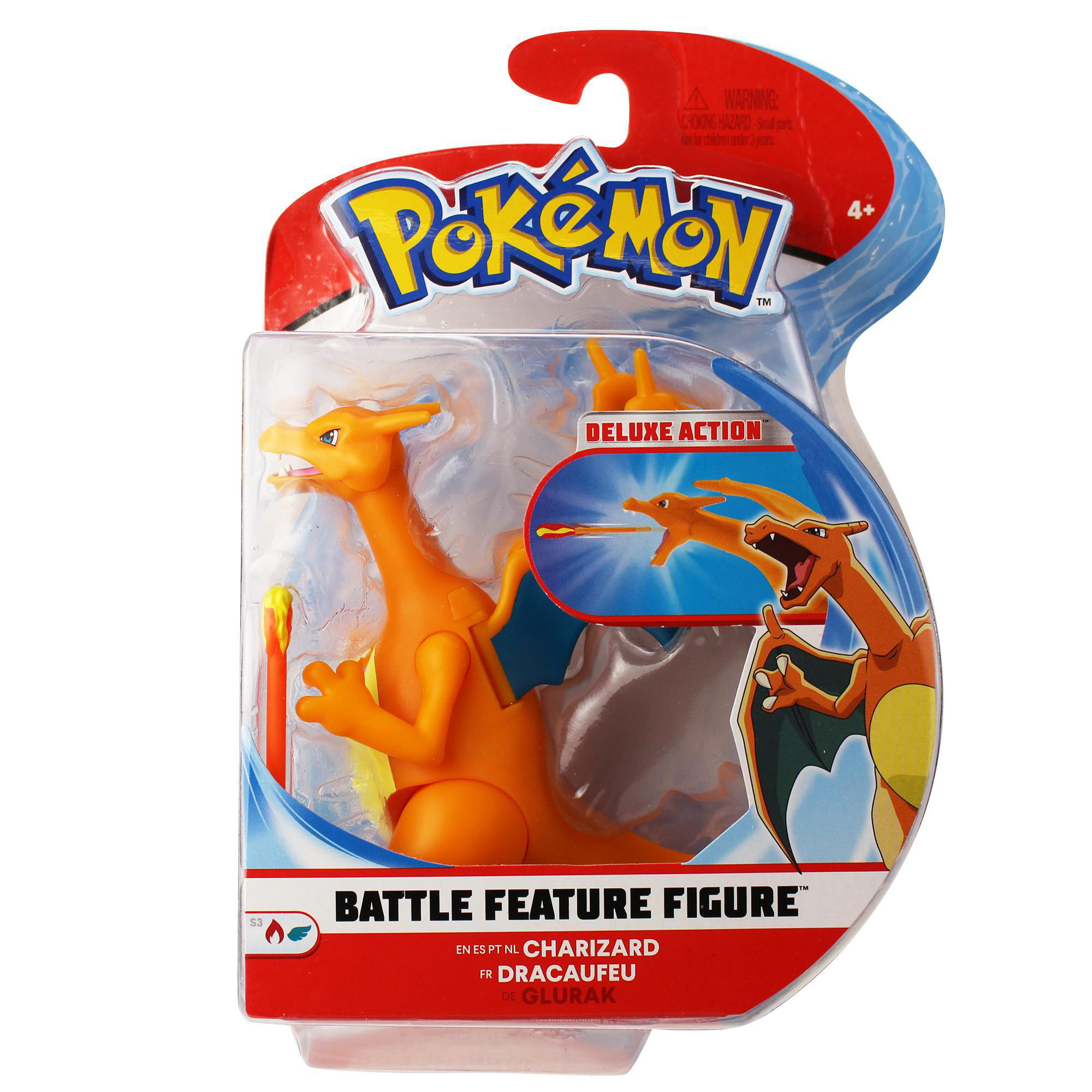Pokemon Charizard Figur in Plastikverpackung, mit Charizard Bild auf der Verpackung.