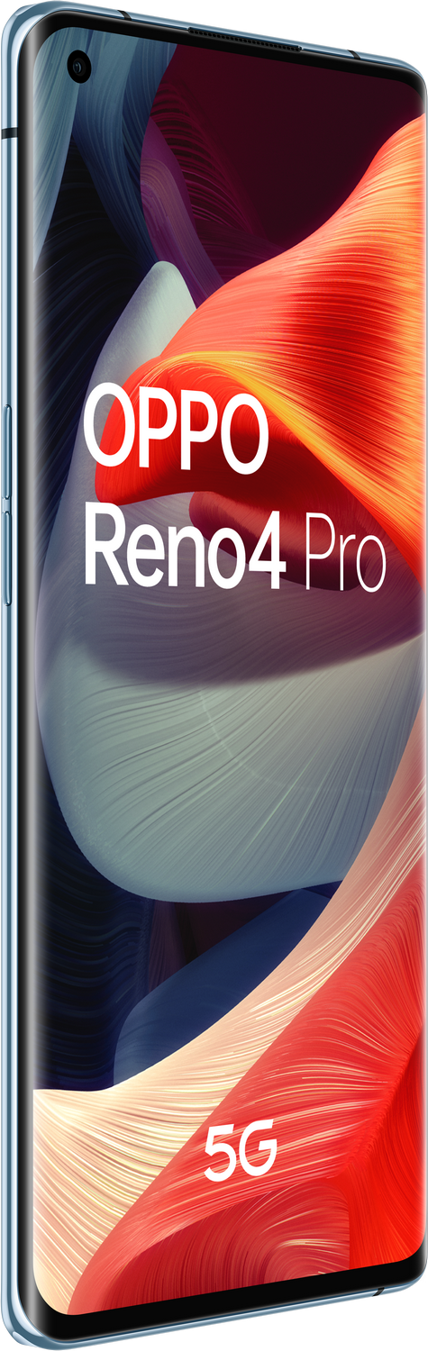 Un teléfono inteligente Oppo Reno4 Pro azul con un fondo vibrante y colorido y texto '5G'.