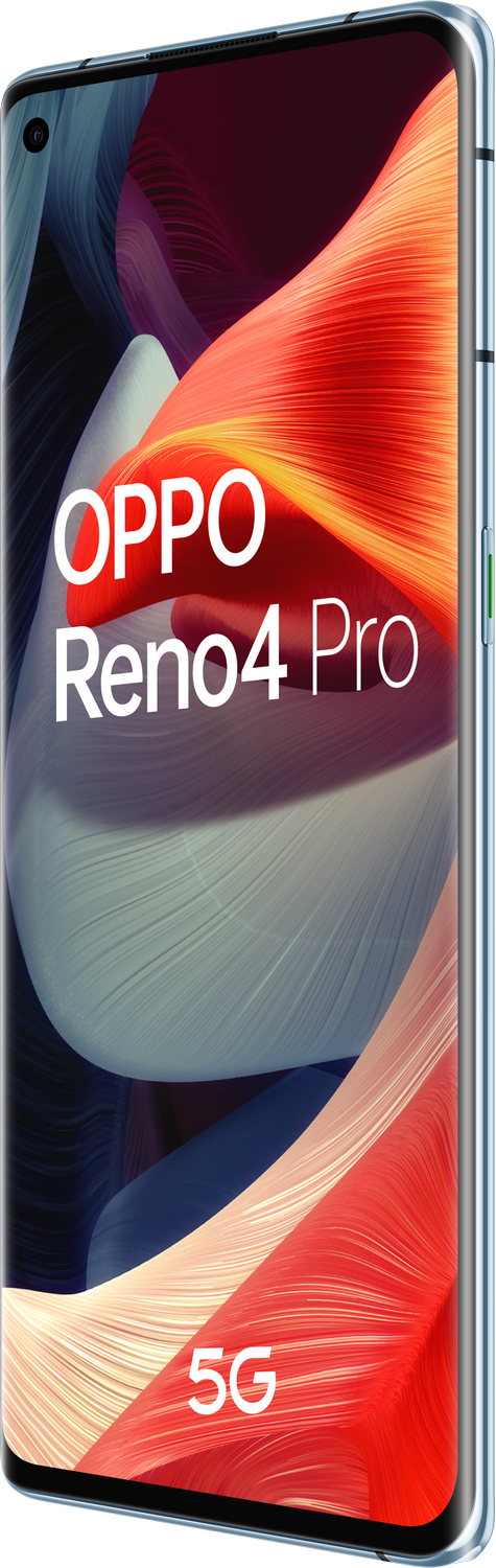 Smartphone azul OPPO Reno4 Pro, con texto y fondo abstracto.