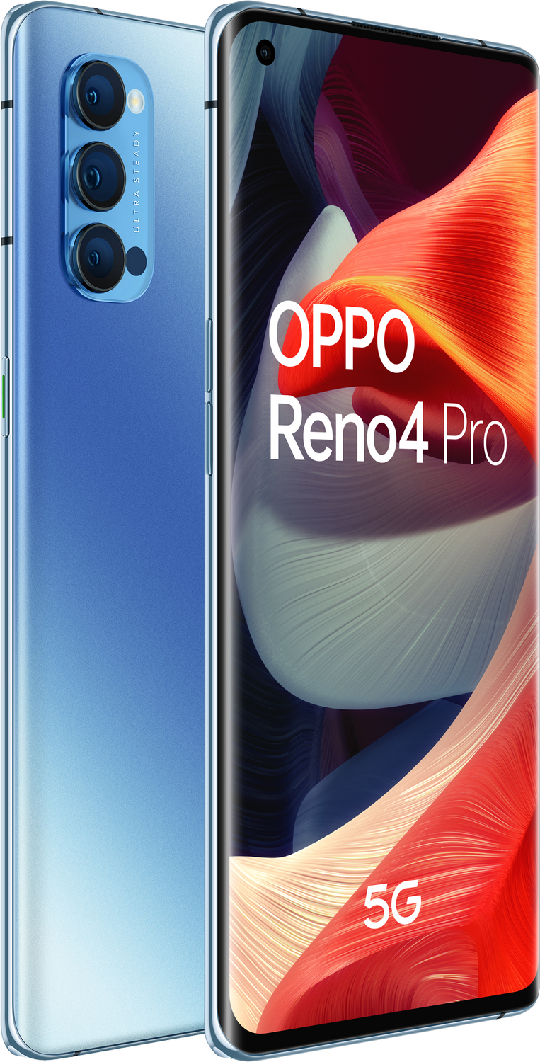 Un teléfono Oppo Reno4 Pro azul. La parte trasera del teléfono es visible.