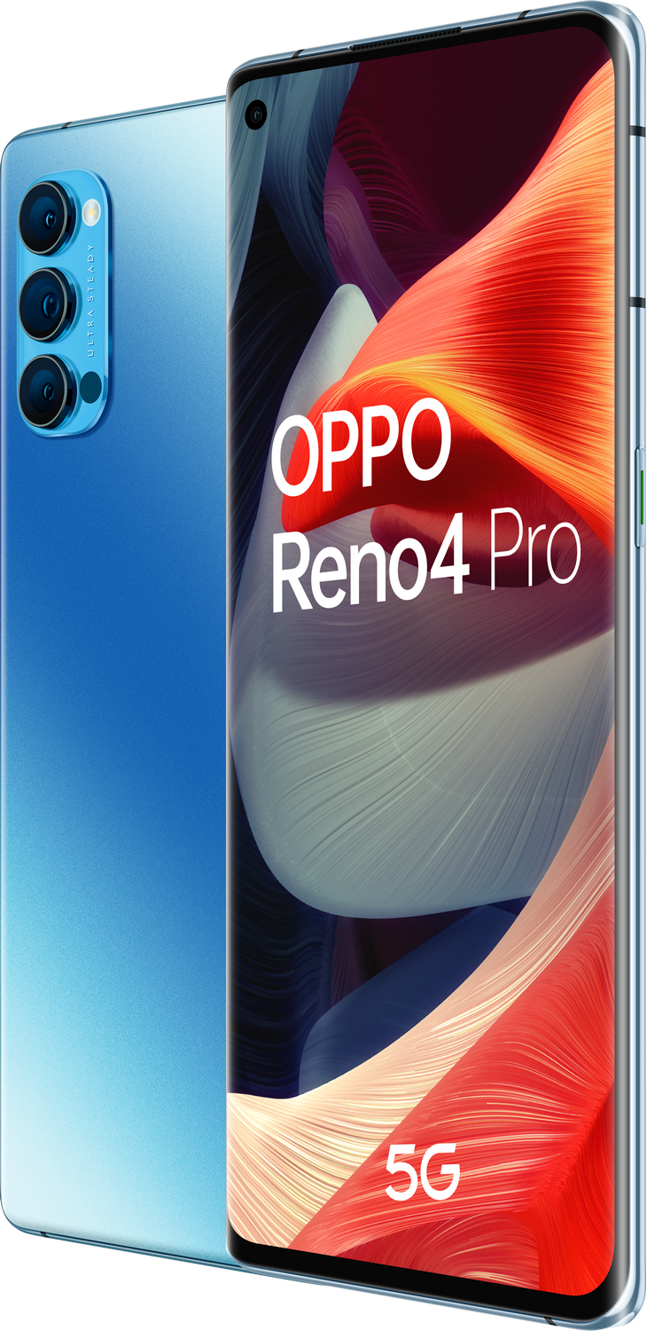 Teléfono Oppo azul y plateado con múltiples cámaras traseras en la pantalla.