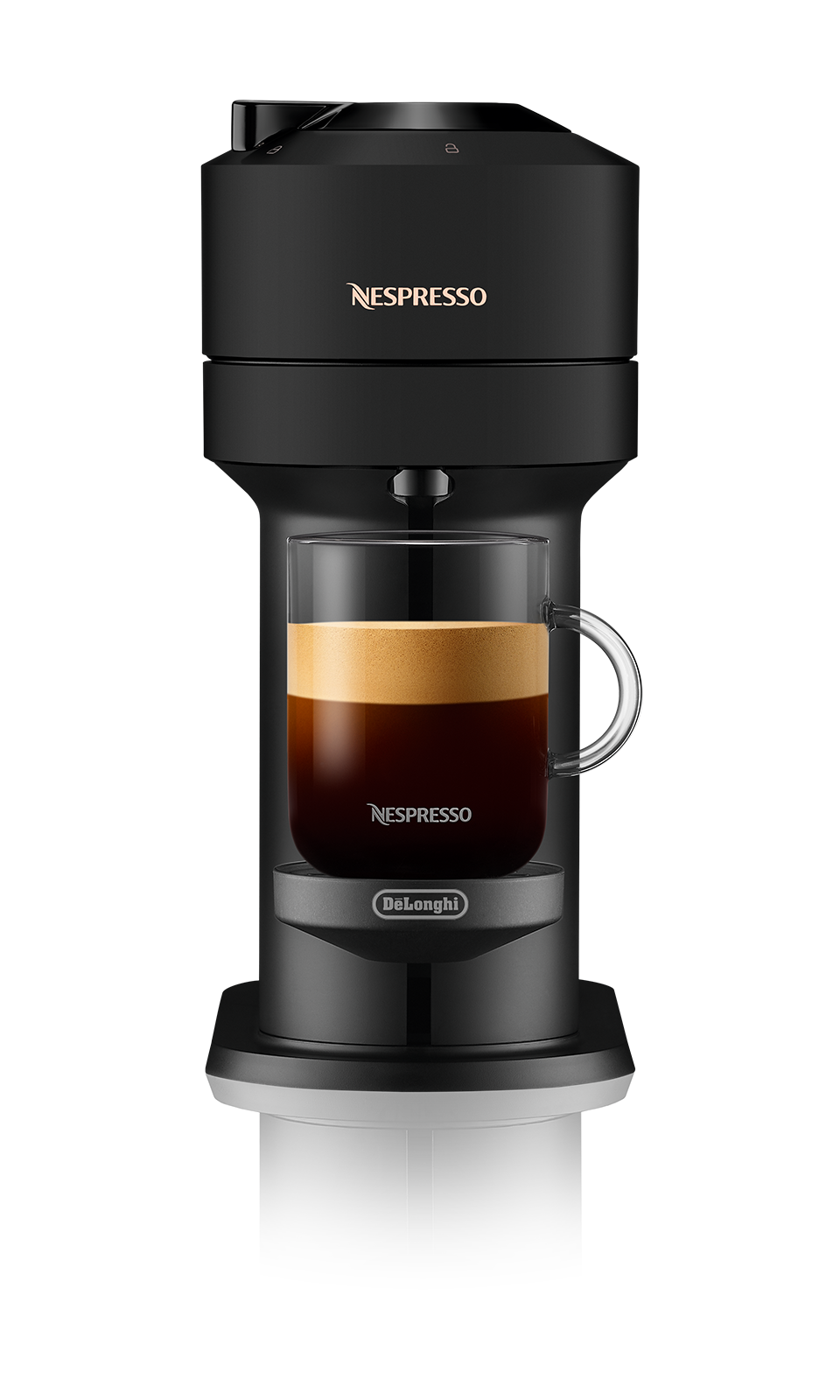 Fekete Nespresso gép egy kávéscsészével.