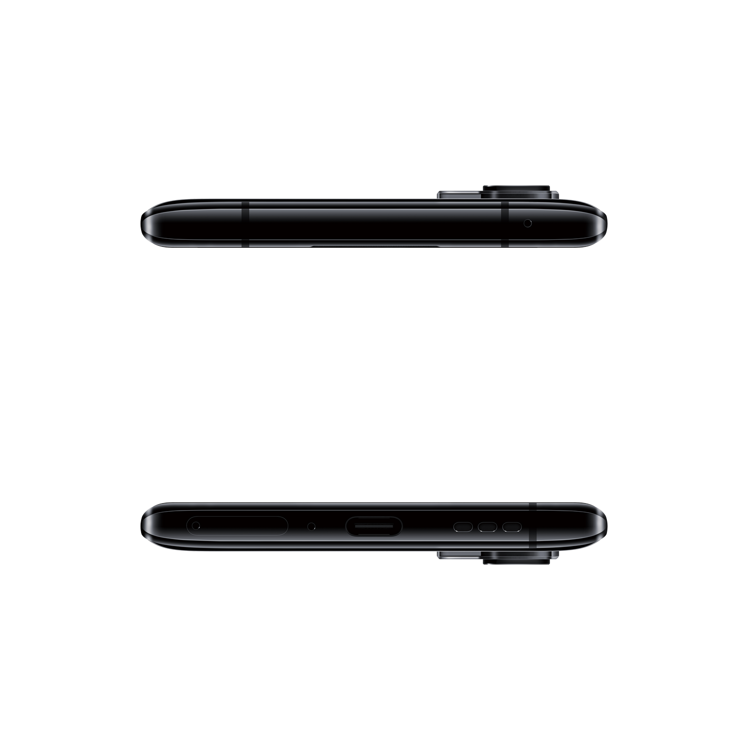 Dos ángulos de un teléfono inteligente negro, que muestran las vistas superior e inferior.