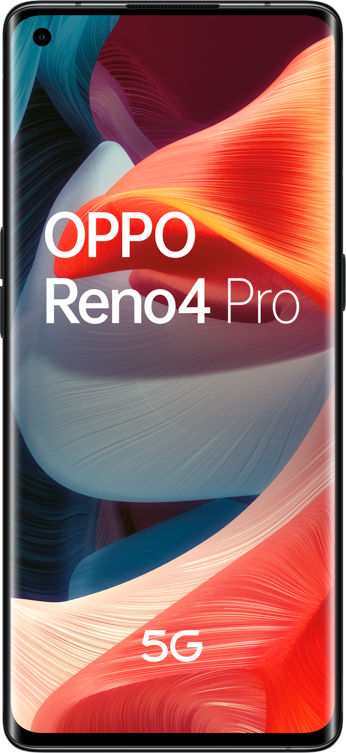 Smartphone OPPO Reno4 Pro con fondo abstracto rojo y azul y 5G.