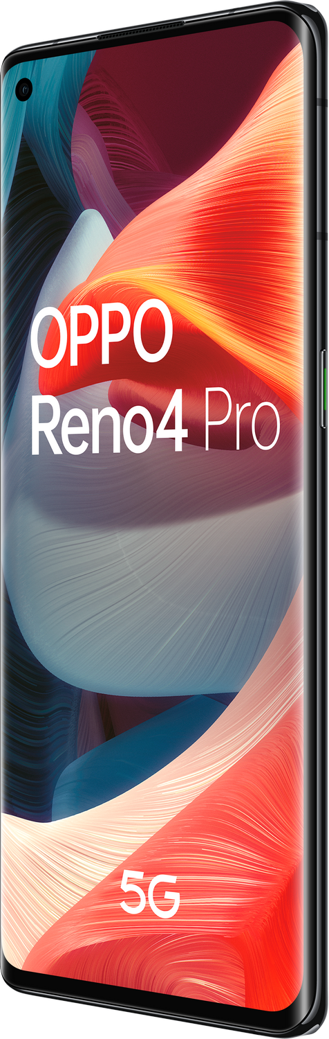 Teléfono Oppo Reno4 Pro con un fondo colorido en su pantalla. Bordes negros.
