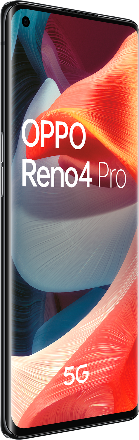 Smartphone negro con texto blanco 'OPPO Reno4 Pro' y 5G. Fondo ondulado rojo y blanco.