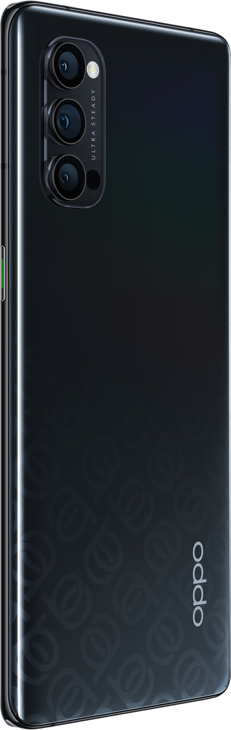 Teléfono Oppo negro con múltiples cámaras, la parte trasera con un patrón.