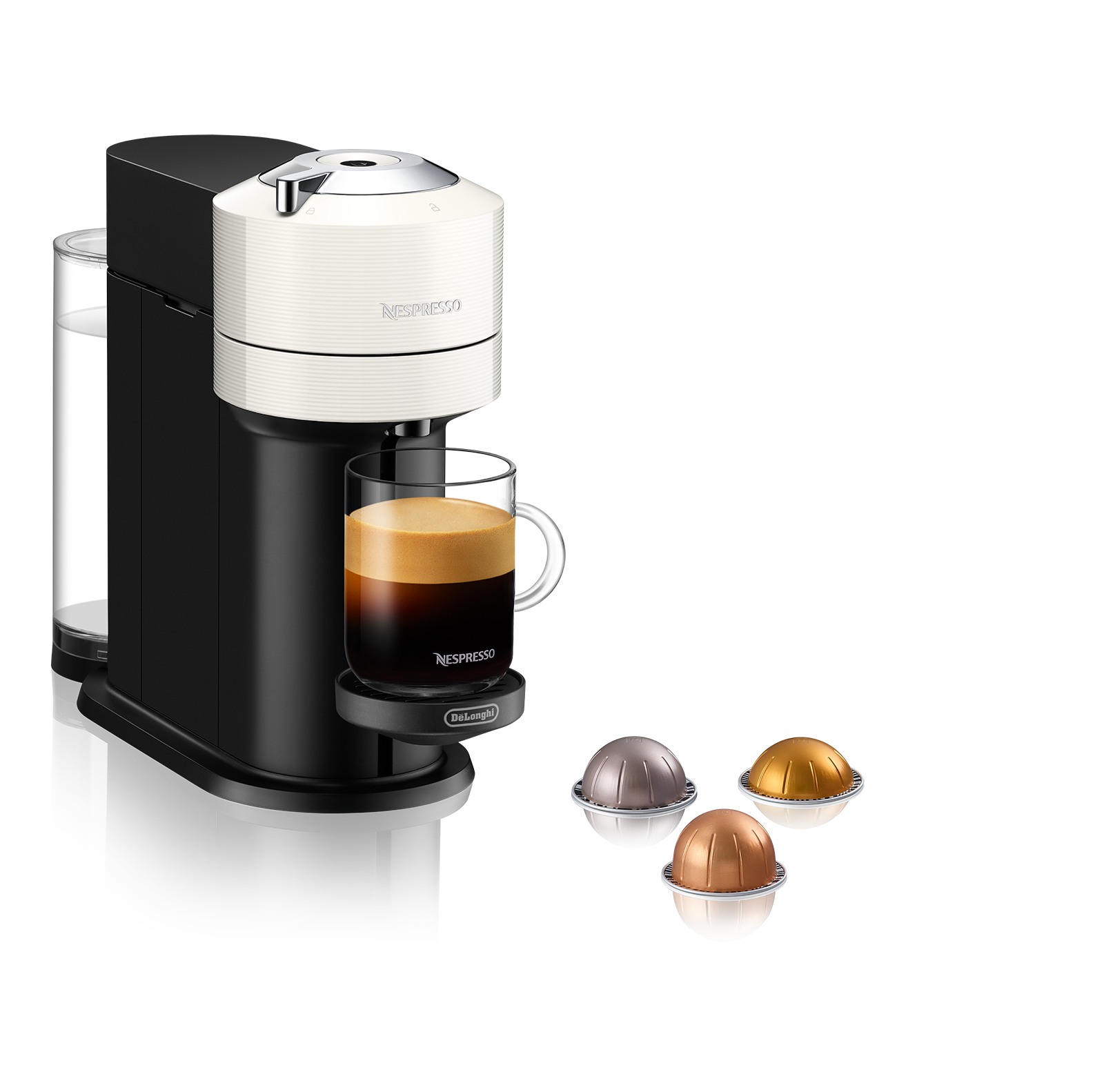 Nespresso Vertuo kávéfőző, kávéval és kapszulákkal.