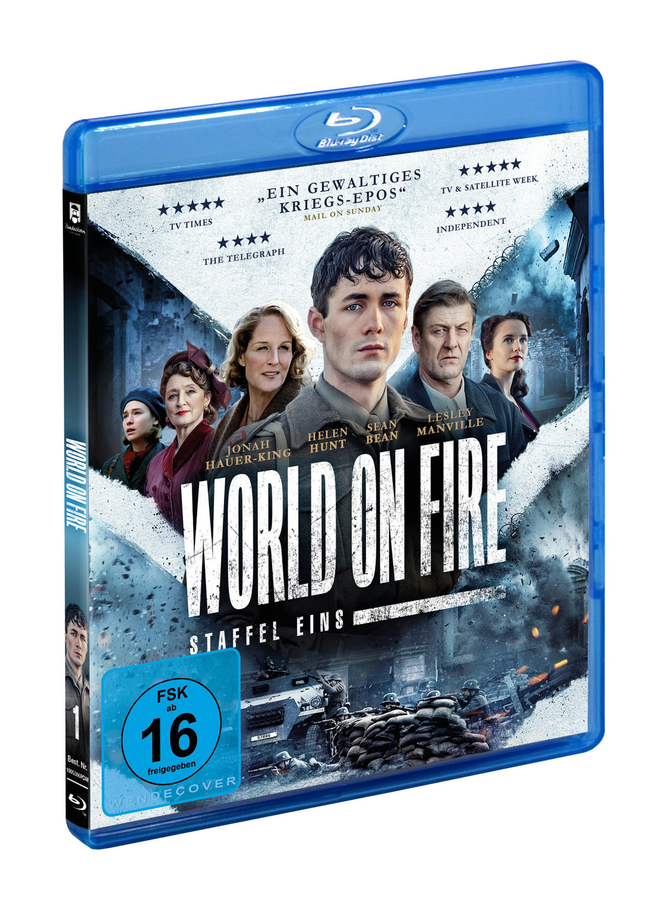 World on Fire Blu-ray-Disc-Cover. Zeigt Schauspieler, Titeltext und einen kriegszerstörten Hintergrund.