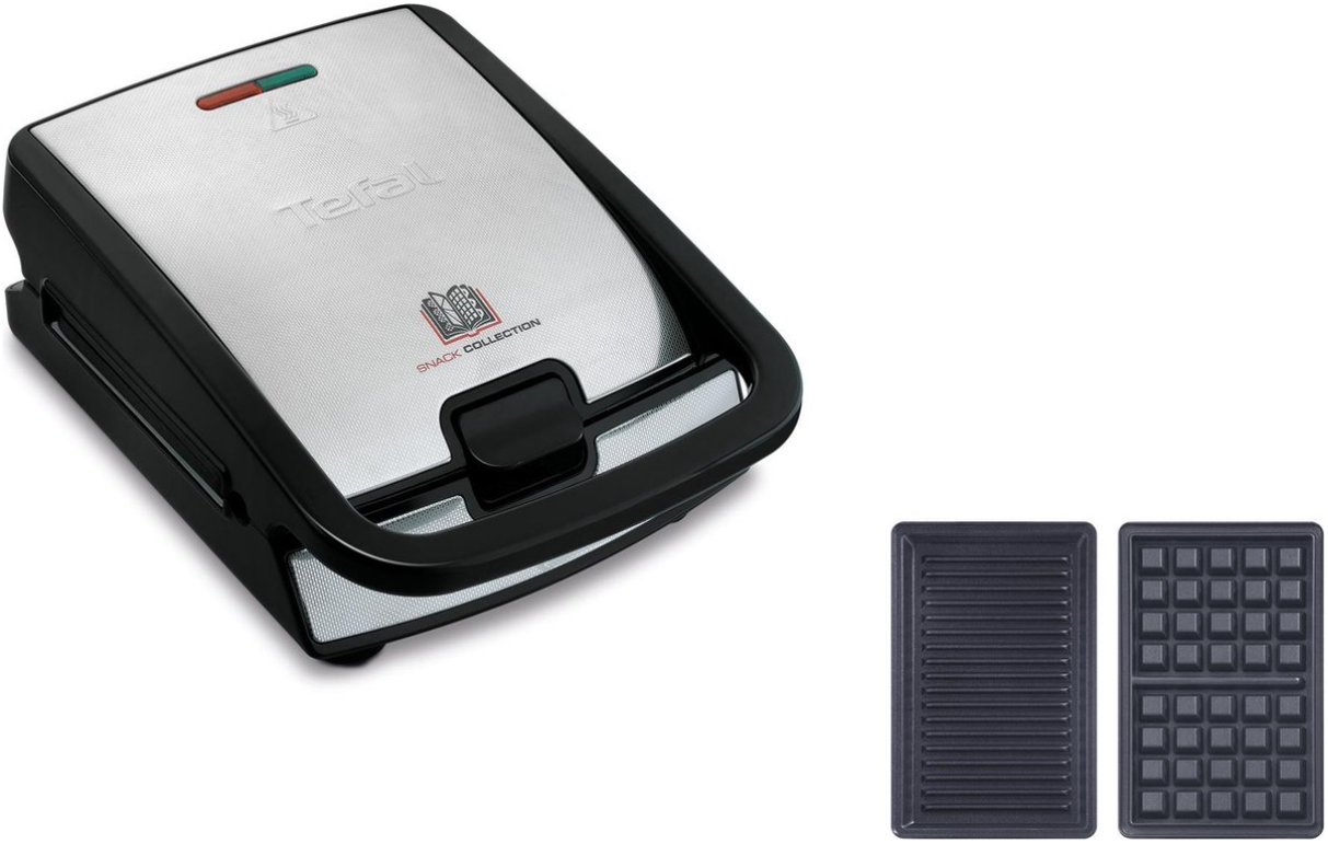 Una macchina per waffle Tefal Snack Collection, nera e argento, con due piastre.