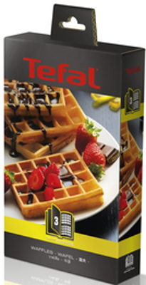 Una scatola di waffle Tefal, con waffle e frutta sul davanti.